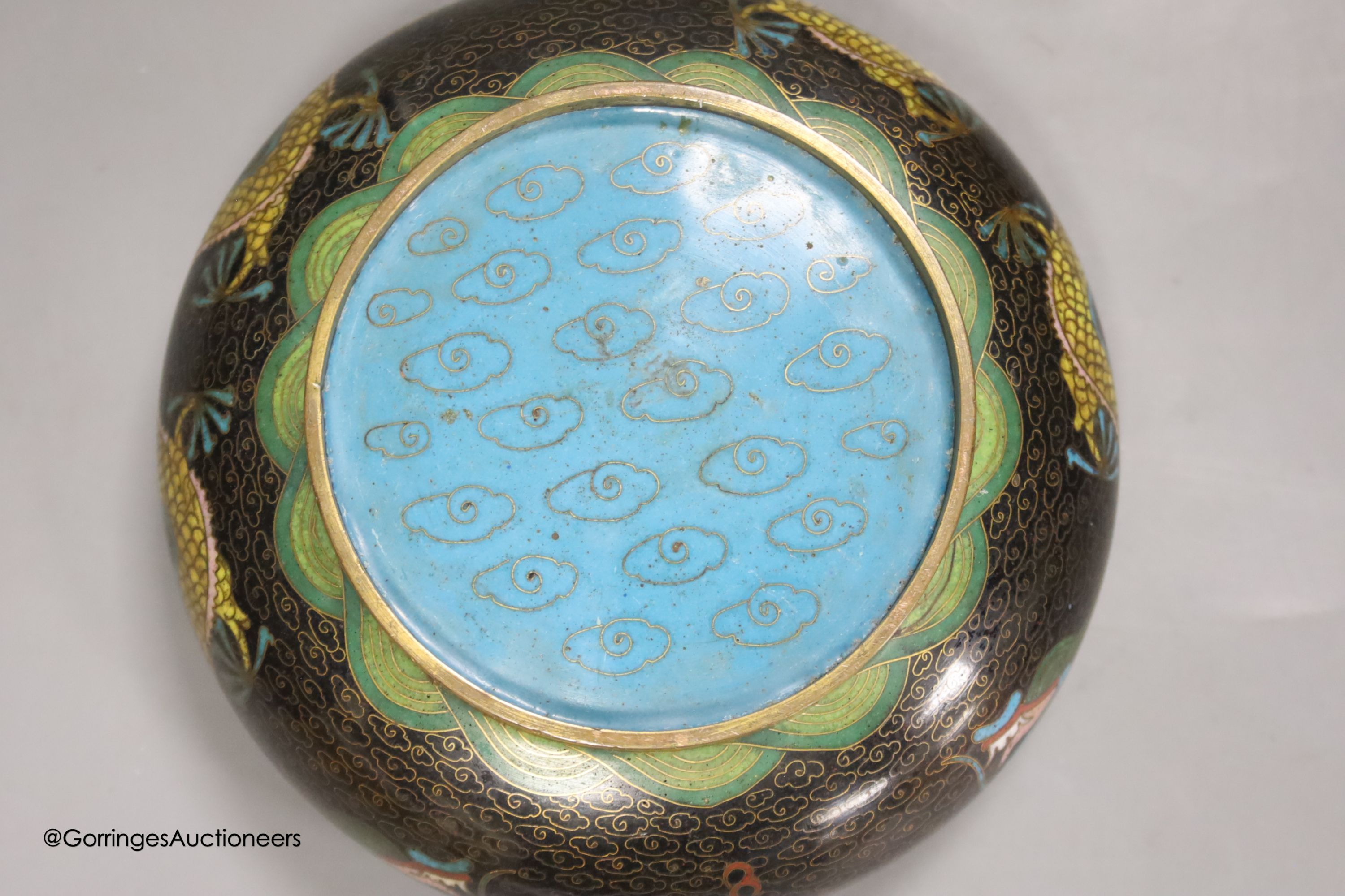 A 1920's Chinese cloisonne enamel 'dragon' bowl and a cinnabar lacquer box, 15 x 11 x 5cm